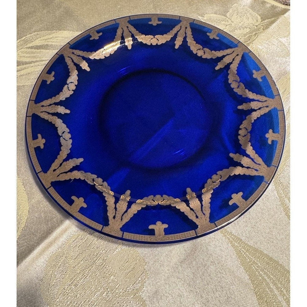 Antique Wheeling Glass Cobalt Blue Gilt Plate Greek Key Swag 8.25 Victorian RARE